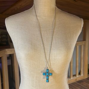 Avon NWT Marked Silver and Turquoise Colored Cross Necklace